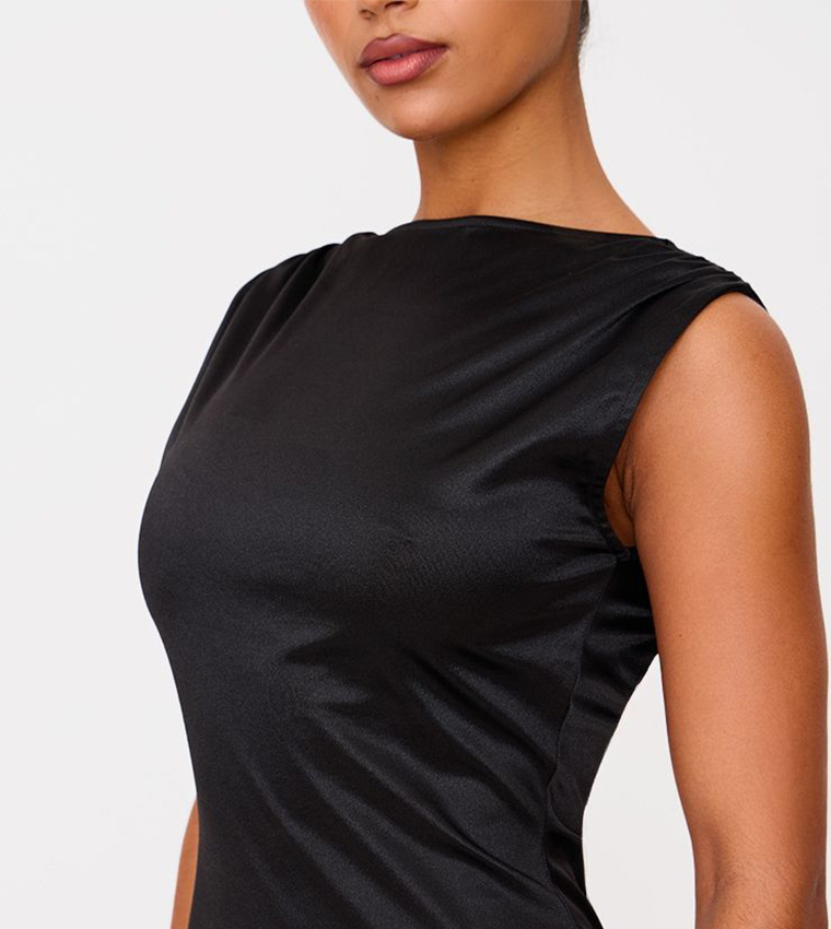 Stretch Satin Boat Neck Mini Dress