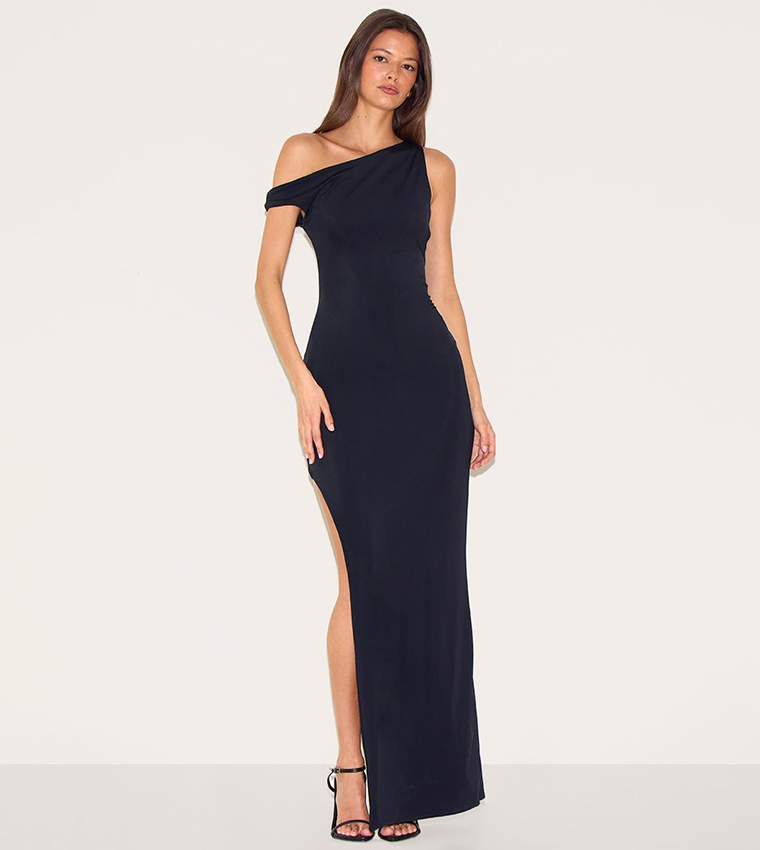 Matte Sculpt Asymmetric Neck Maxi Dress