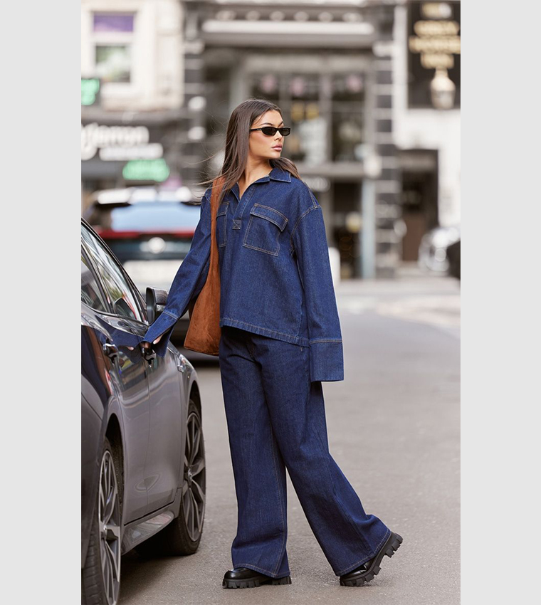 Contrast Stitch High Waist Wide Leg Jeans