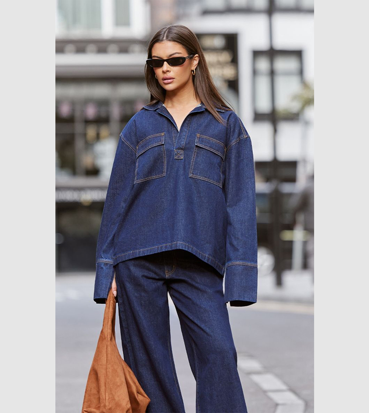 Contrast Stitch High Waist Wide Leg Jeans