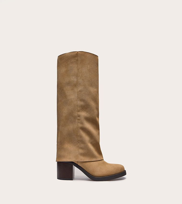 Faux Nubuck Round Toe Fold Over Low Block Heeled Boots