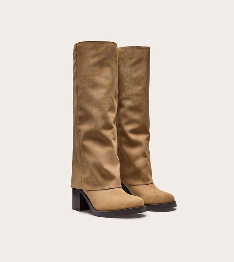 Faux Nubuck Round Toe Fold Over Low Block Heeled Boots