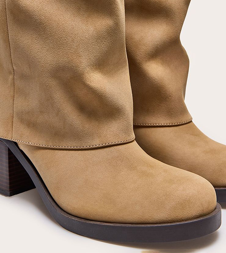 Faux Nubuck Round Toe Fold Over Low Block Heeled Boots