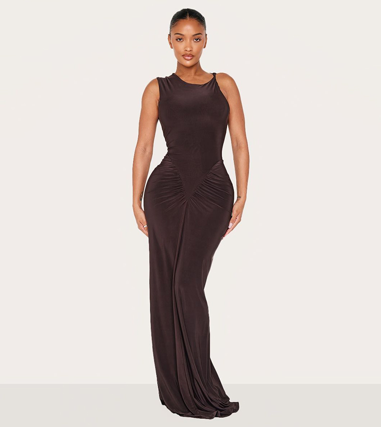 brown ruched dress plt Zahra Chocolate Brown Halter-Neck Ruched Mini Dress With Ruffle Hem – Club  L London main image 1