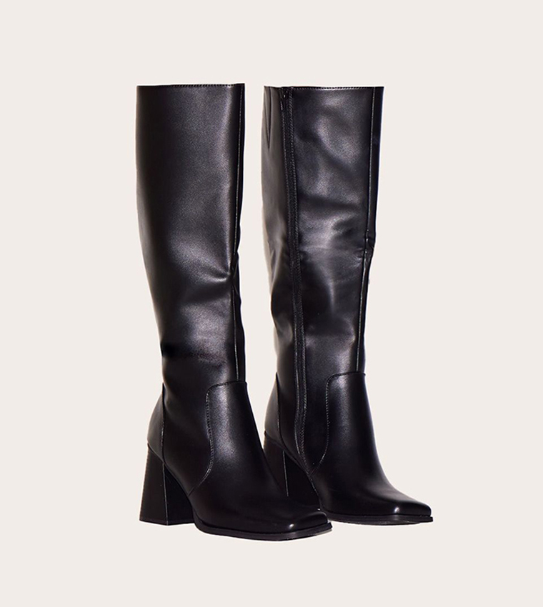 PU Square Toe Block Heel Knee High Boots