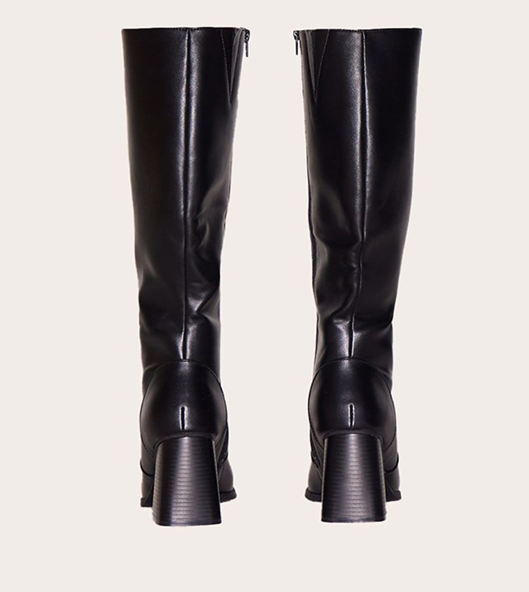 PU Square Toe Block Heel Knee High Boots