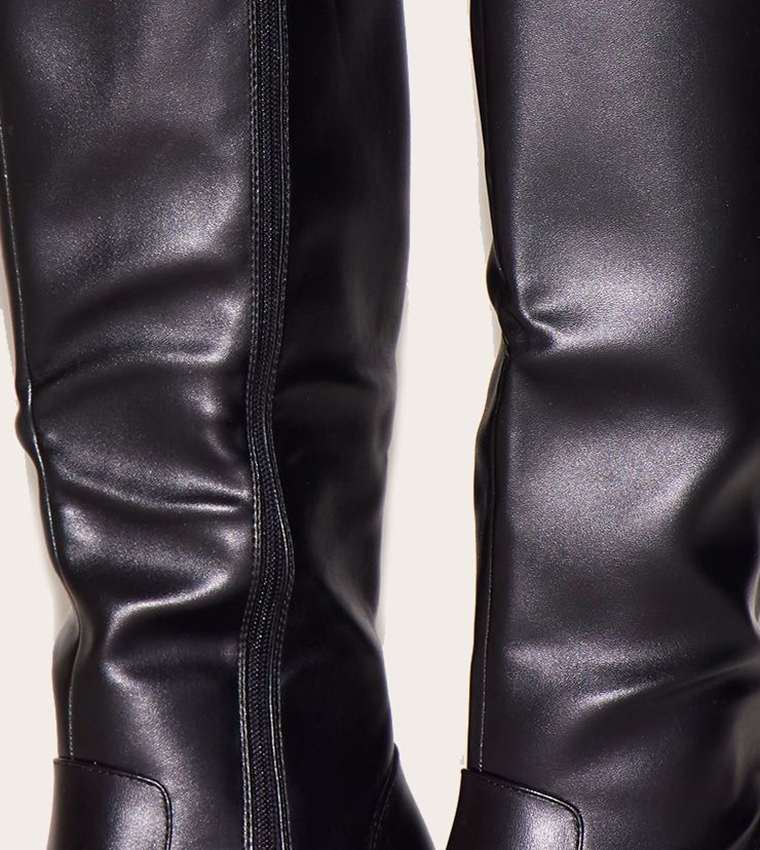PU Square Toe Block Heel Knee High Boots