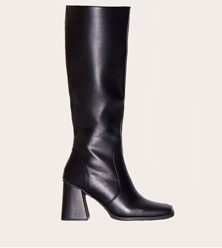 PU Square Toe Block Heel Knee High Boots