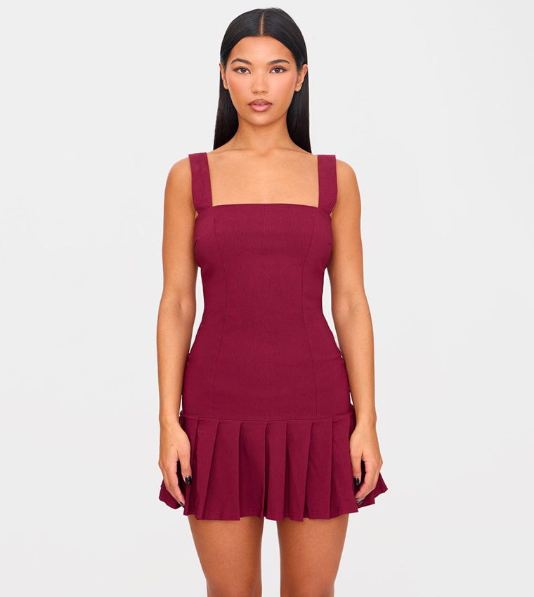 Solid Pleated Shift Mini Dress