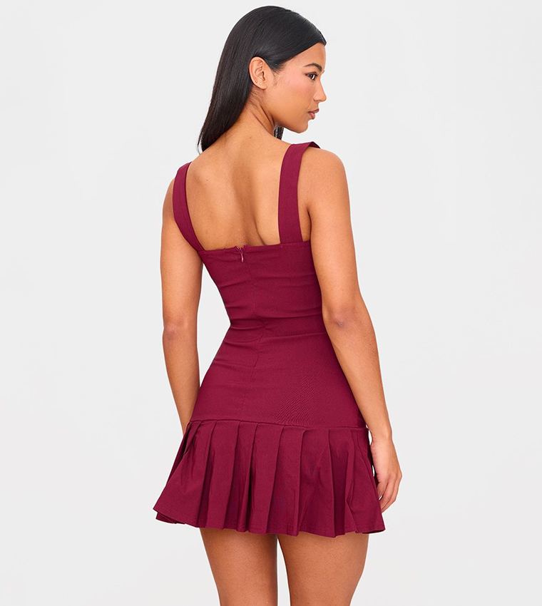 Solid Pleated Shift Mini Dress