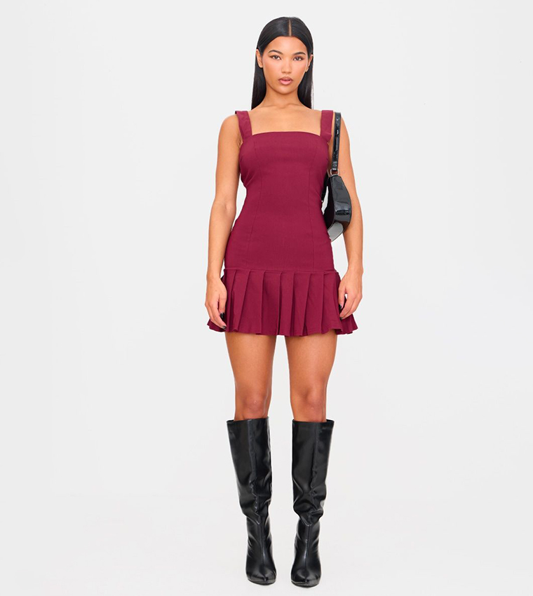Solid Pleated Shift Mini Dress