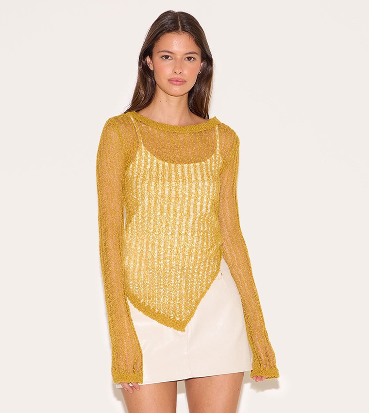 Ladder Knit Sheer Asymmetric Hem Top