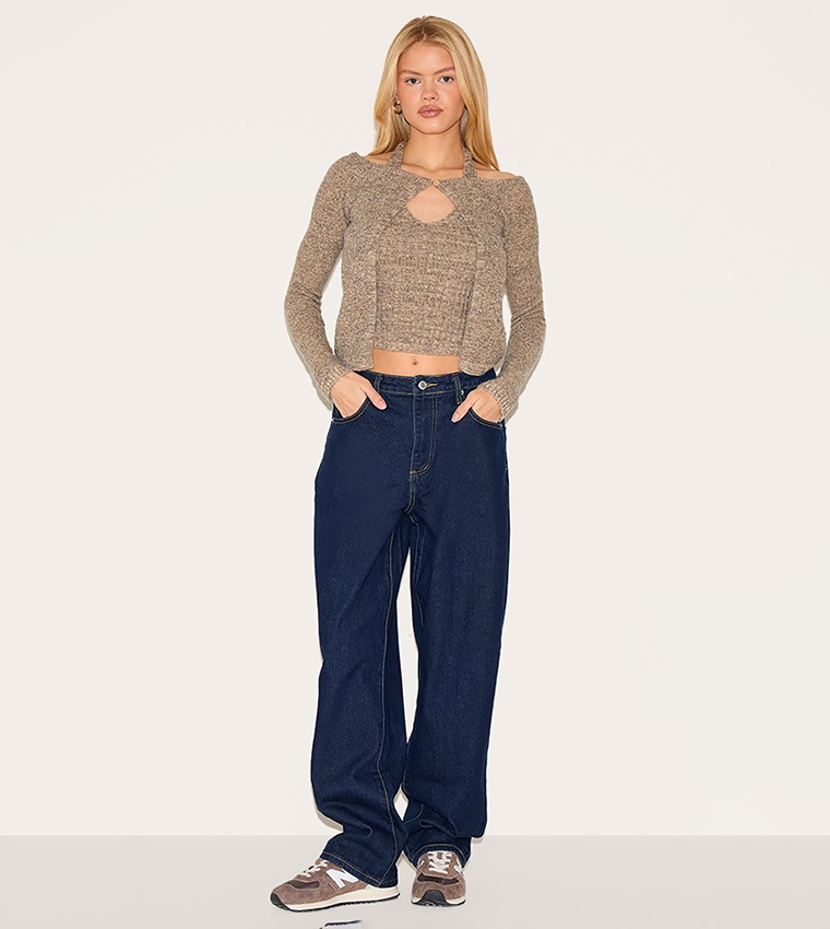 Oatmeal Layered Cold Shoulder Knit Crop Top