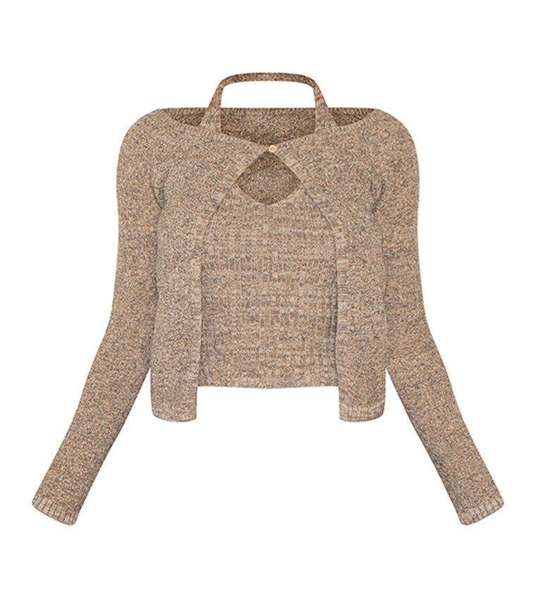 Oatmeal Layered Cold Shoulder Knit Crop Top