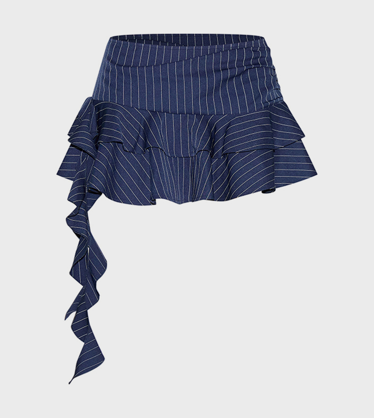 Pinstriped Ruffle Drape Detail Low Rise Mini Skirt