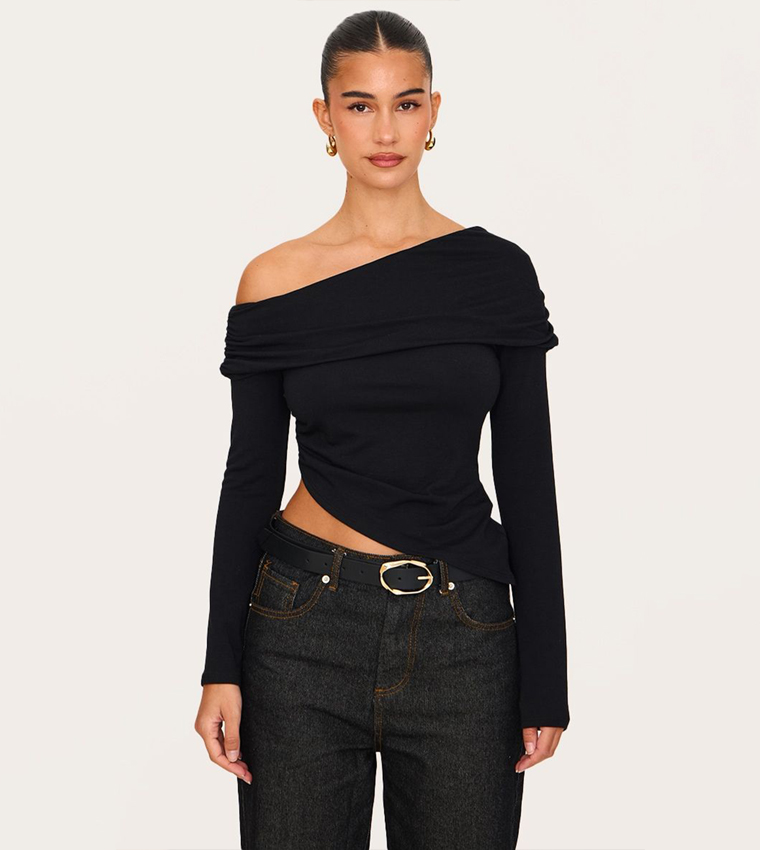 Buy PrettyLittleThing Contour Jersey Fold Over Detail Bardot Long