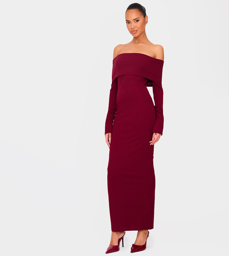 Crepe Long Sleeves Bardot Maxi Dress