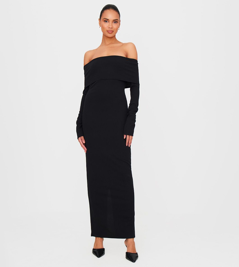 Crepe Long Sleeves Bardot Maxi Dress