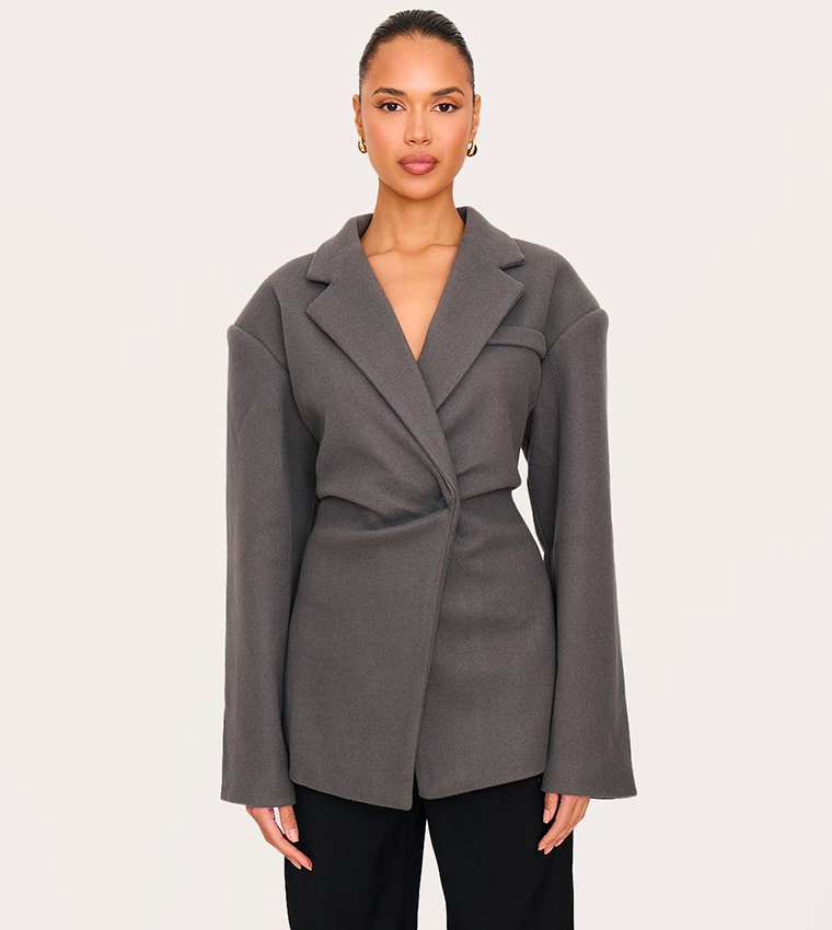 Wool Look Cinched Long Sleeves Blazer