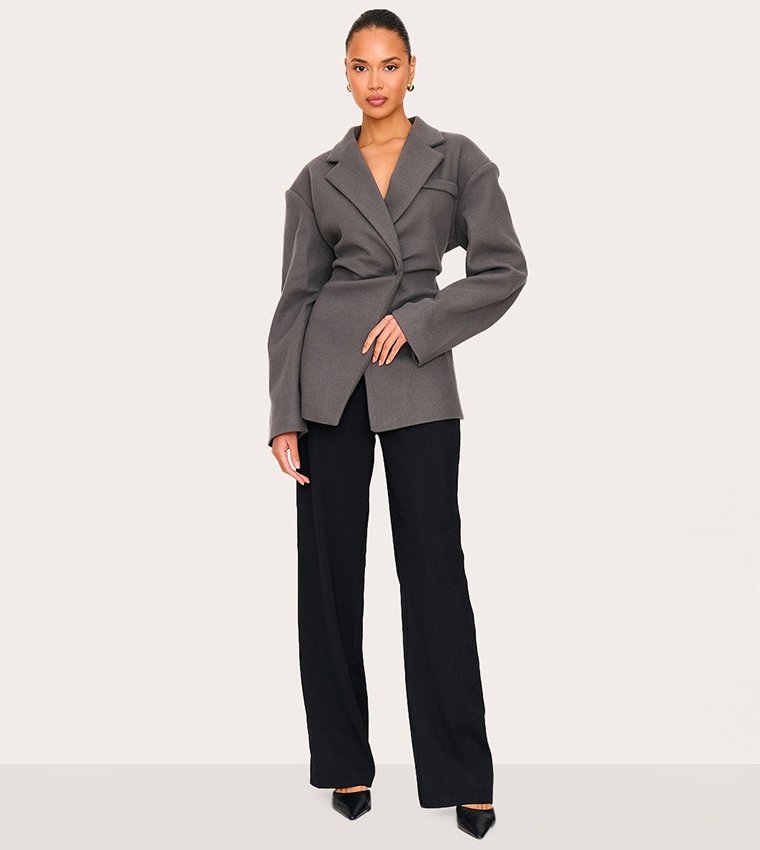 Wool Look Cinched Long Sleeves Blazer