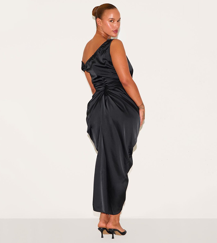 satin off the shoulder draped skirt midi dress PrettyLittleThing Women's Plus Satin Off The Shoulder Draped Skirt Midi Dress in Black