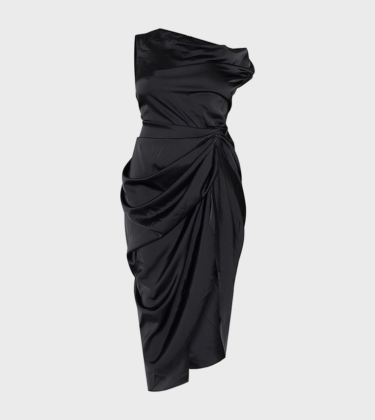 knee length dresses for ladies Black Off The Shoulder Long Sleeved Draped Midi Dress  AX Paris