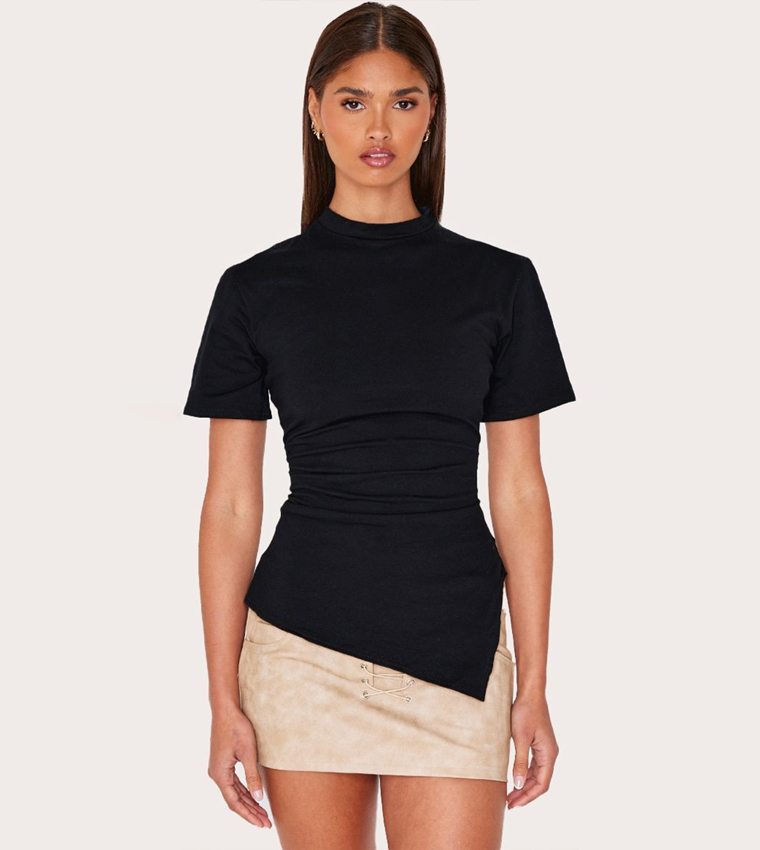 Prettylittlething Ksa Black Ruched Side Fitted Shirt Dress Shop