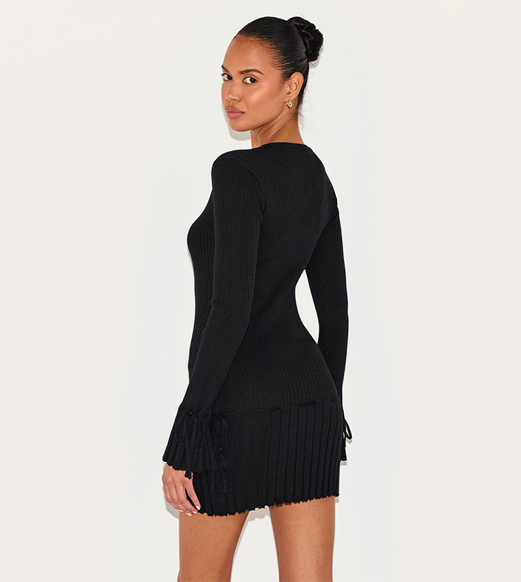 Ribbed Knit Pleated Tie Detail Long Sleeves Mini Dress