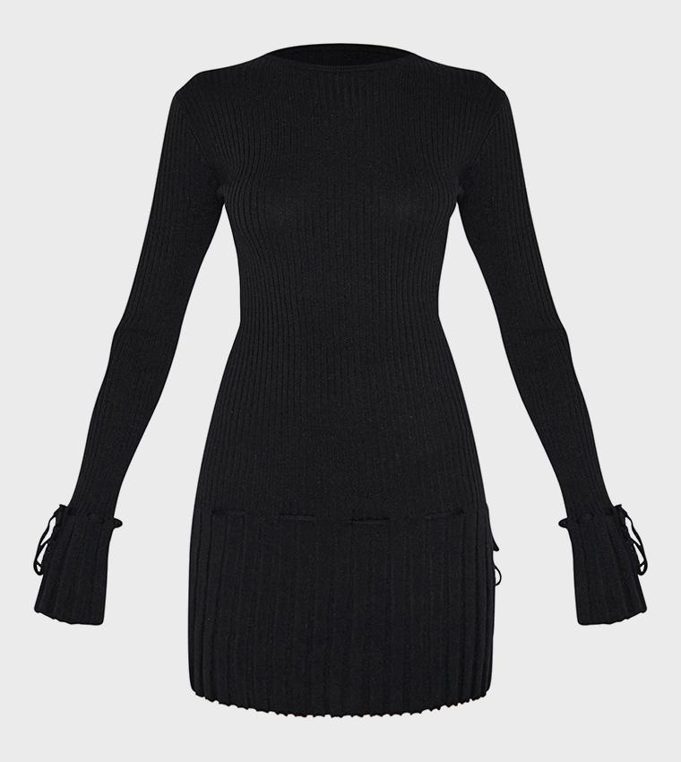 Ribbed Knit Pleated Tie Detail Long Sleeves Mini Dress