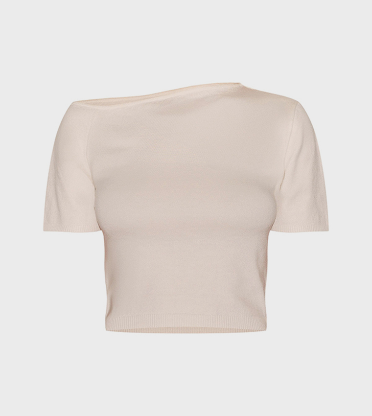 Solid Knit Asymmetric Neckline Top