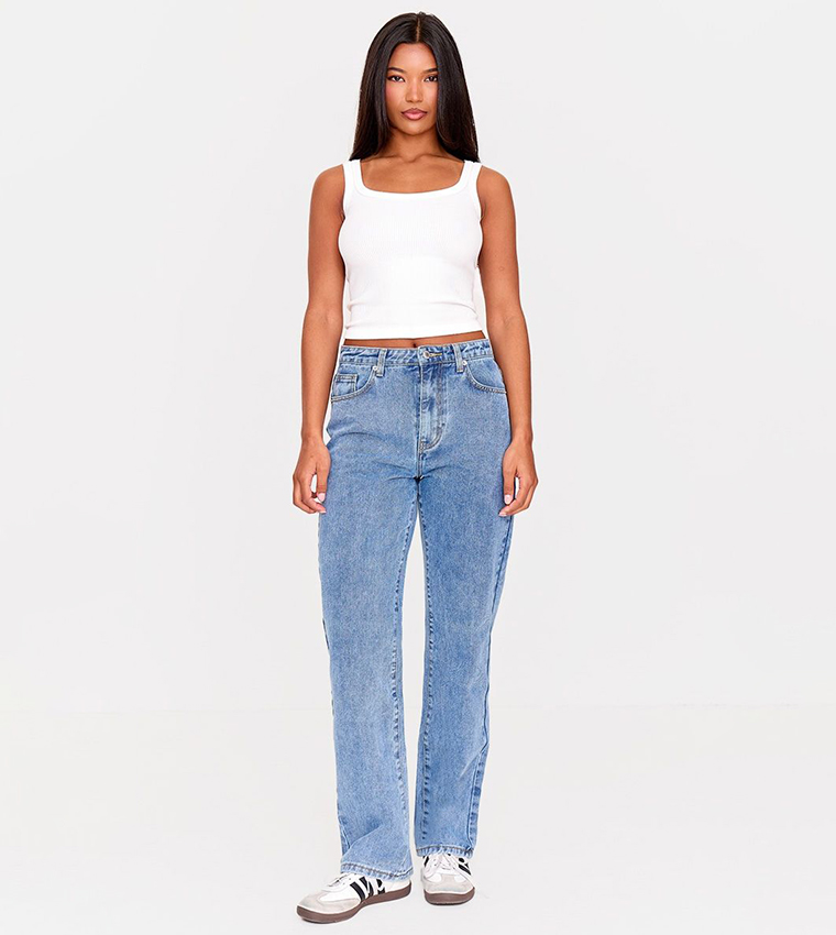 Washed High Waist Straight Fit Jeans