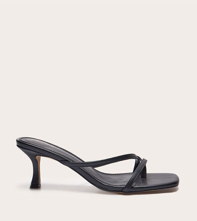 PU Square Toe Strappy Toe Thong Heel Sandals