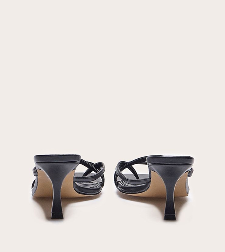 PU Square Toe Strappy Toe Thong Heel Sandals