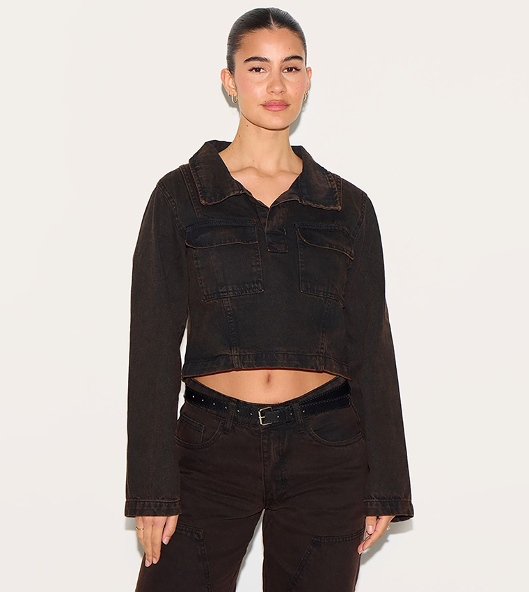 Washed Long Sleeves Denim Rugby Crop Shirt