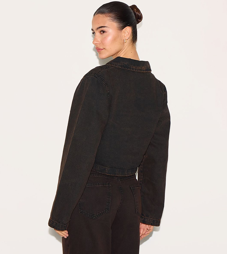 Washed Long Sleeves Denim Rugby Crop Shirt