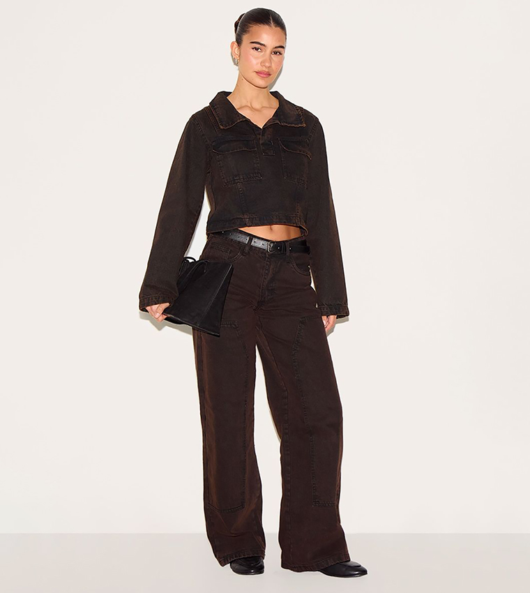 Washed Long Sleeves Denim Rugby Crop Shirt