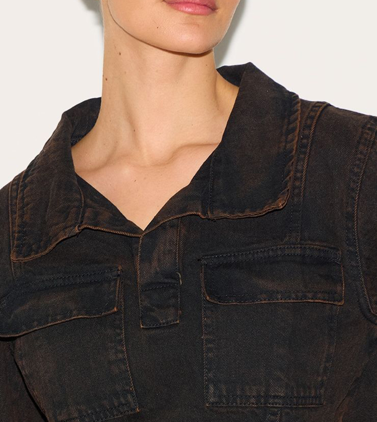 Washed Long Sleeves Denim Rugby Crop Shirt