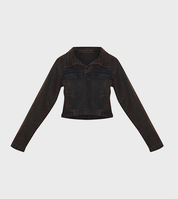 Washed Long Sleeves Denim Rugby Crop Shirt