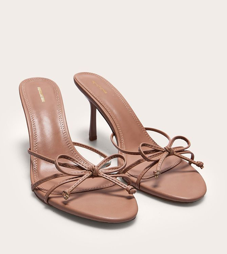 PU Round Toe Bow Detail Heel Sandals