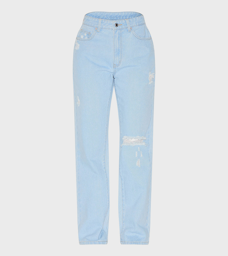 Wash Distressed High Rise Straight Fit Jeans