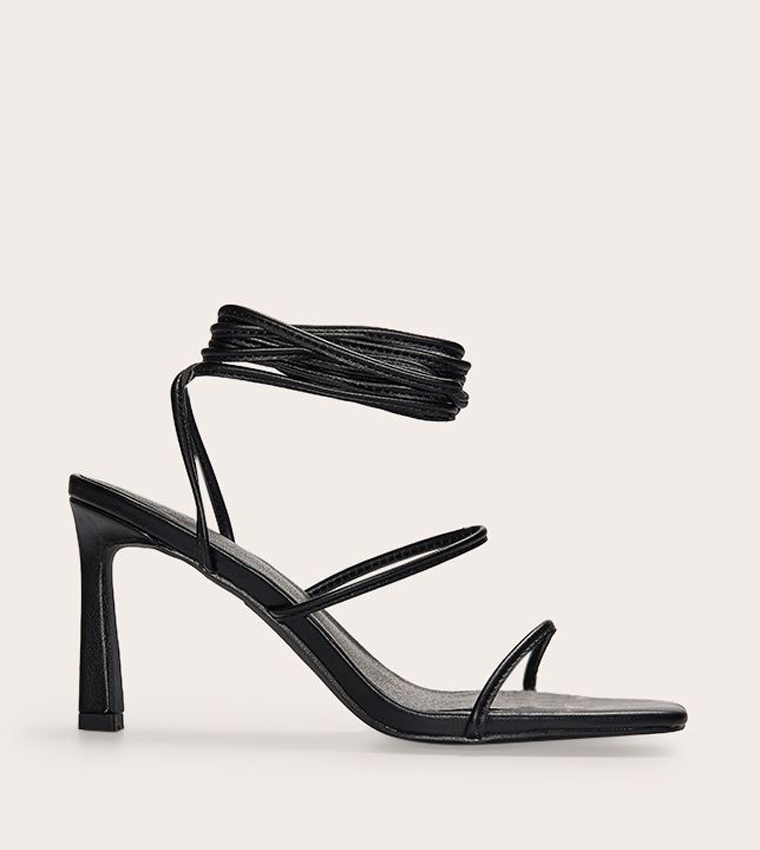 Square Toe Strappy Lace Up Stiletto Heeled Sandals