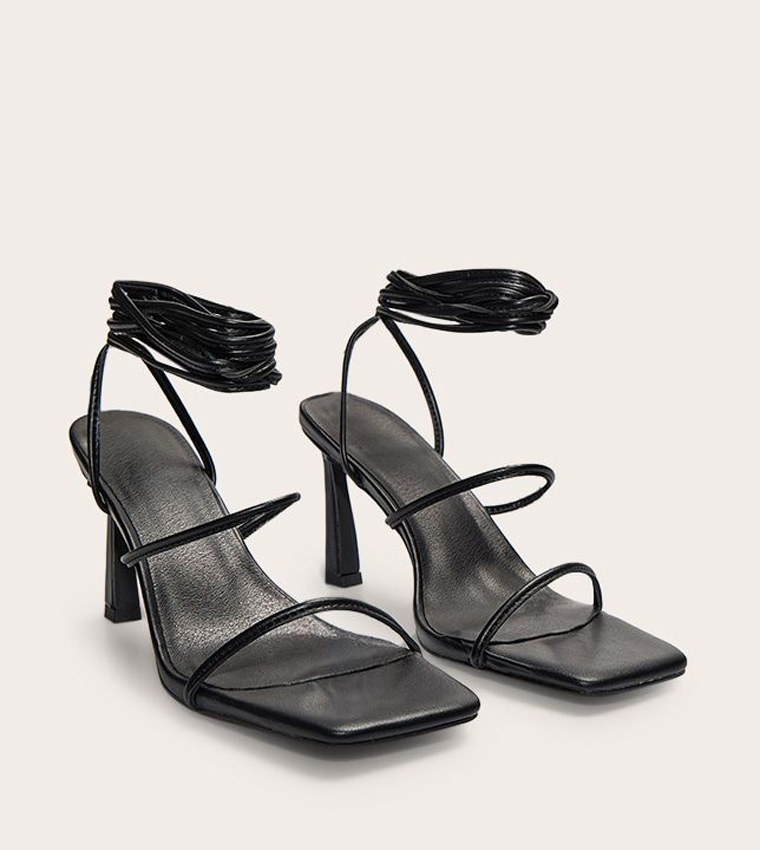 Square Toe Strappy Lace Up Stiletto Heeled Sandals