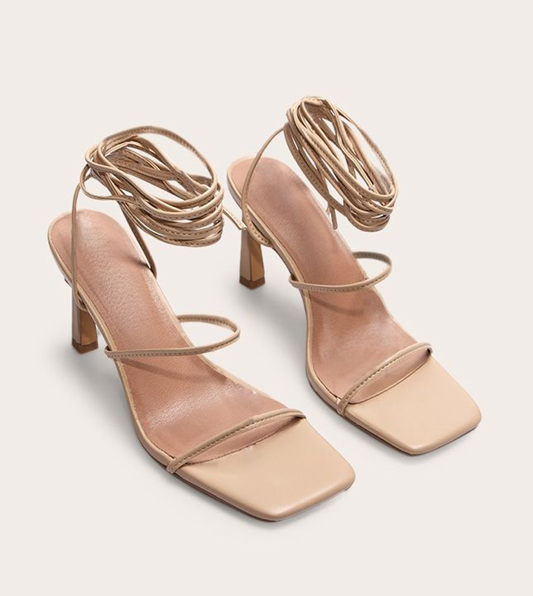 Square Toe Strappy Lace Up Stiletto Heeled Sandals