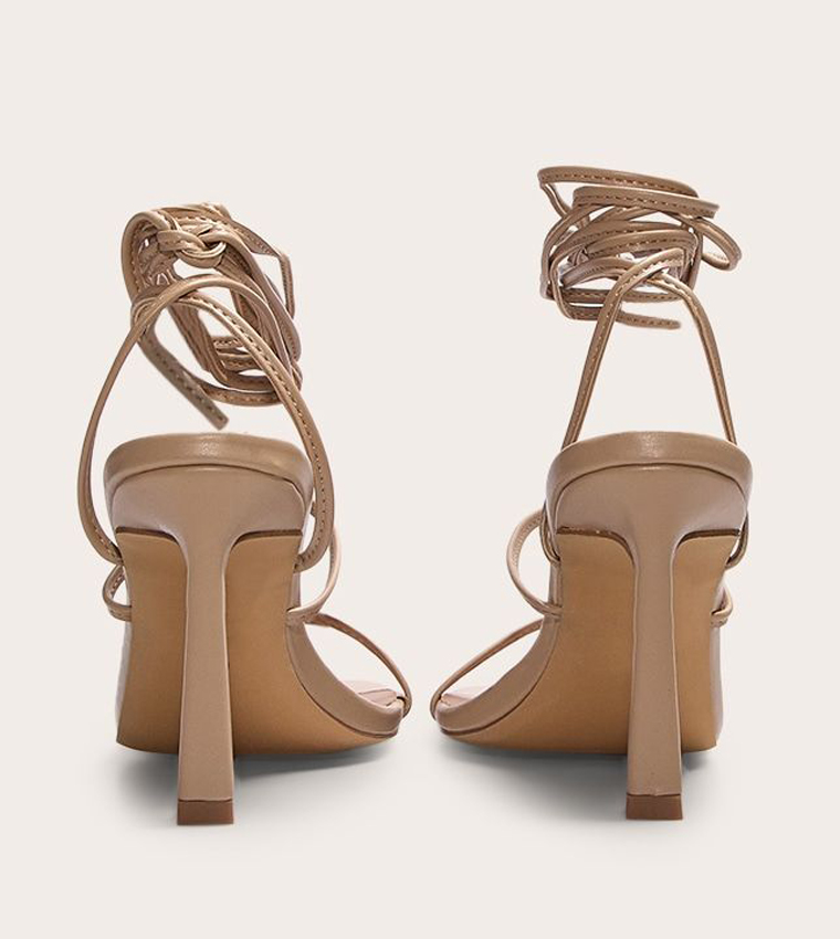 Square Toe Strappy Lace Up Stiletto Heeled Sandals
