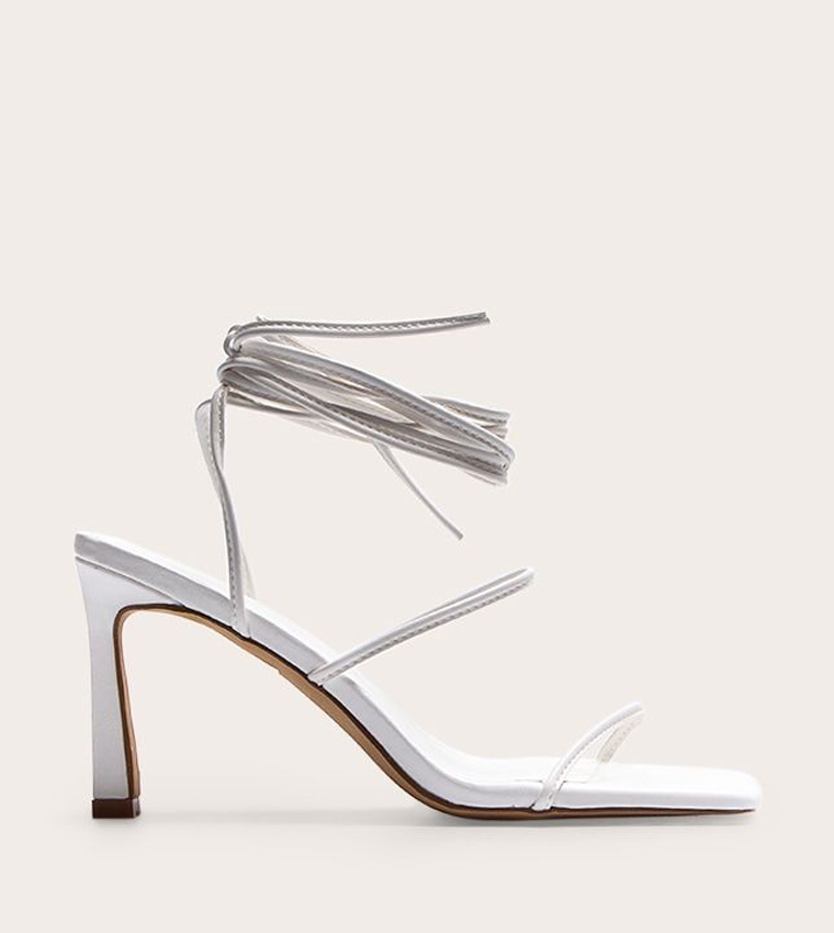 Square Toe Strappy Lace Up Stiletto Heeled Sandals
