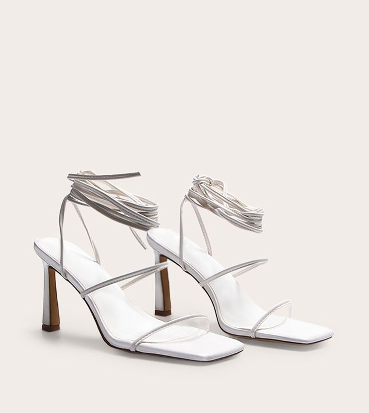 Square Toe Strappy Lace Up Stiletto Heeled Sandals