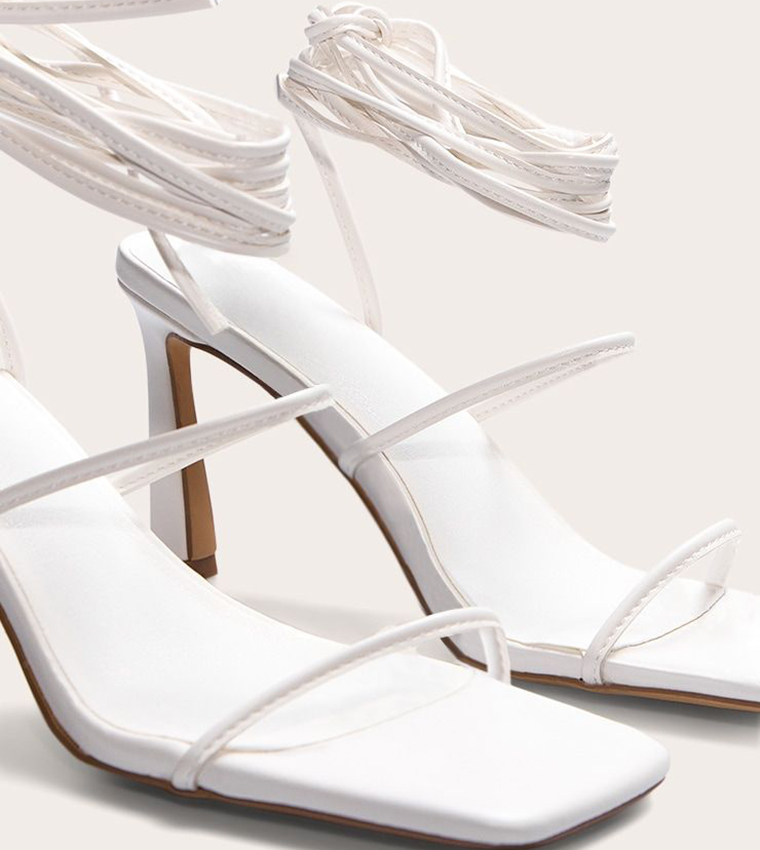 Square Toe Strappy Lace Up Stiletto Heeled Sandals