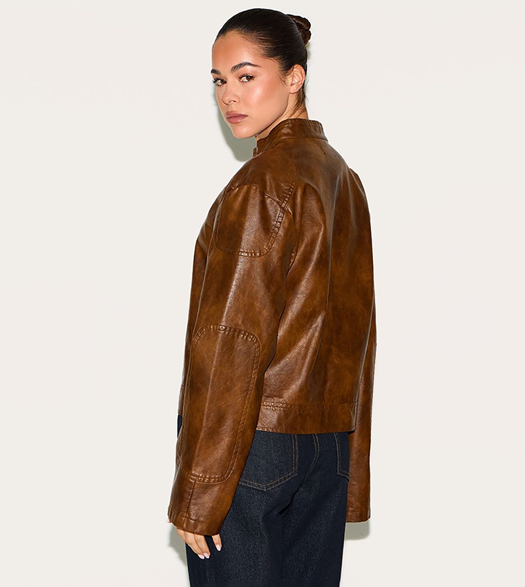 Faux Leather Washed Boxy Biker Jacket