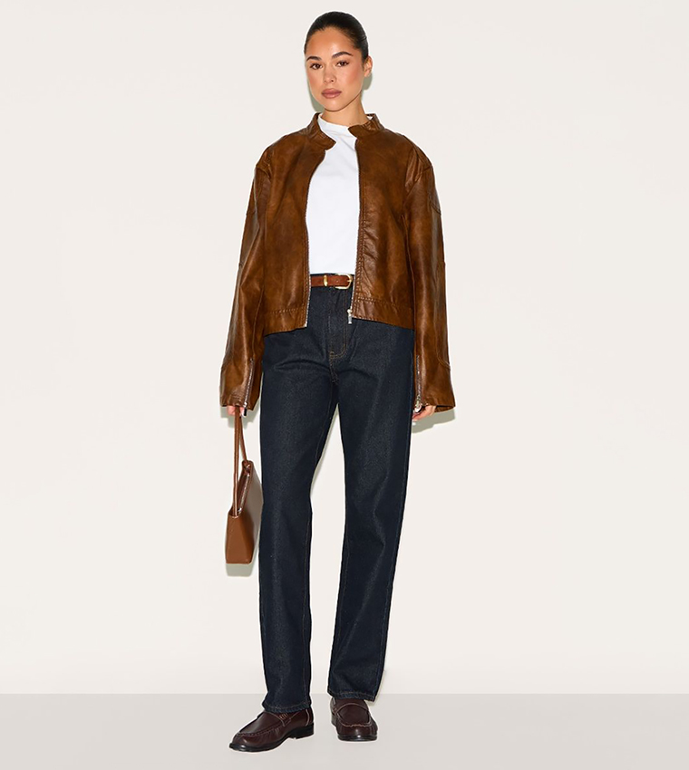 Faux Leather Washed Boxy Biker Jacket