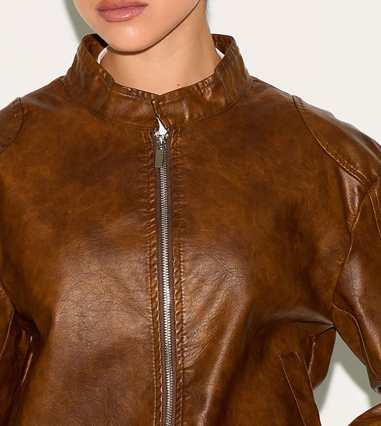 Faux Leather Washed Boxy Biker Jacket